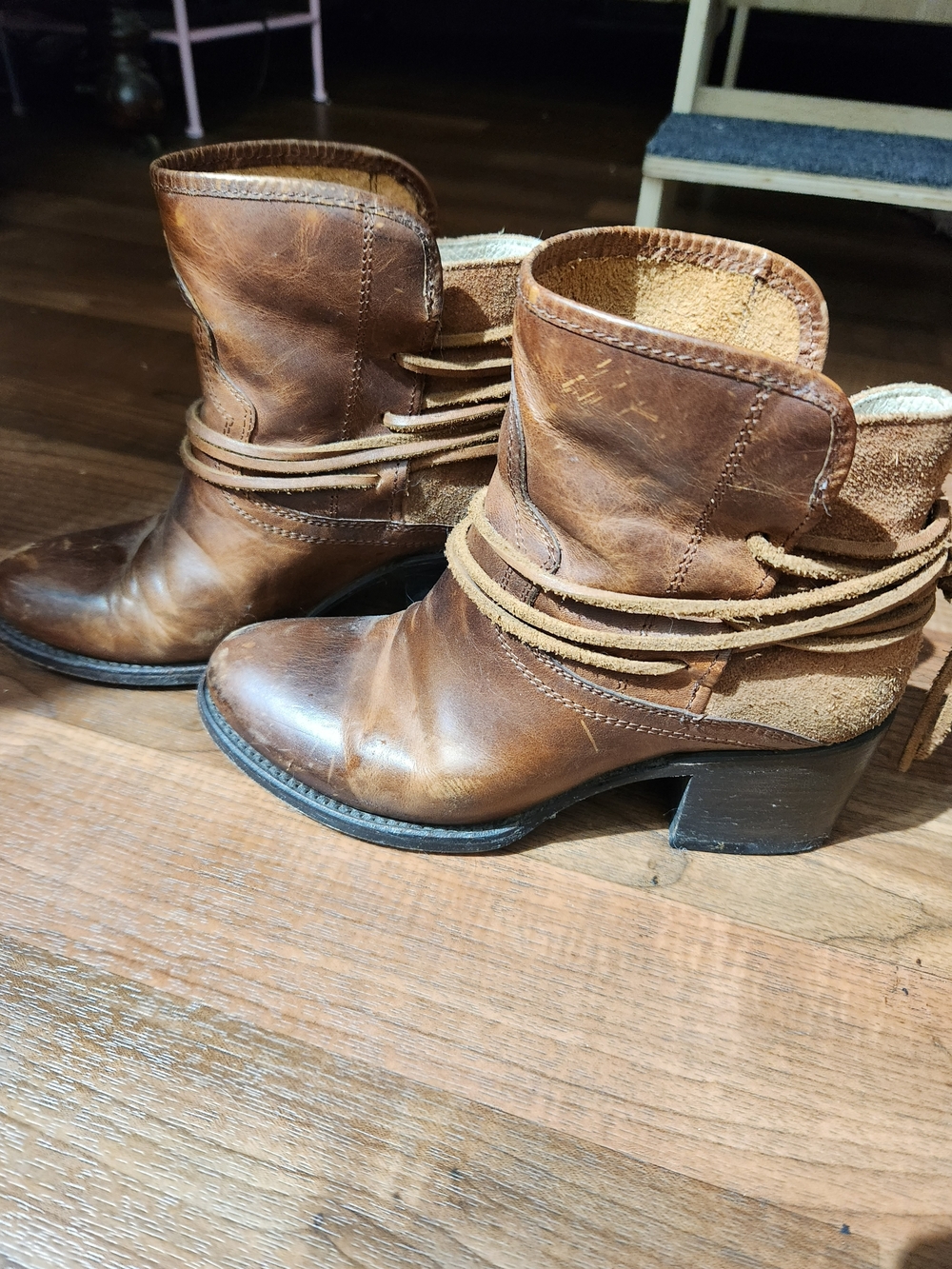 Freebird Women’s Rustic Brown Leather Heeled Ankle Boots with Wrap Straps